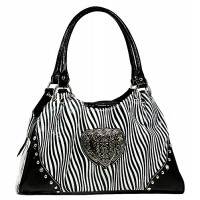 Animal Zebra Print Satchel Bags w/ 3-Heart Charm - White - BG-108HZ-WT